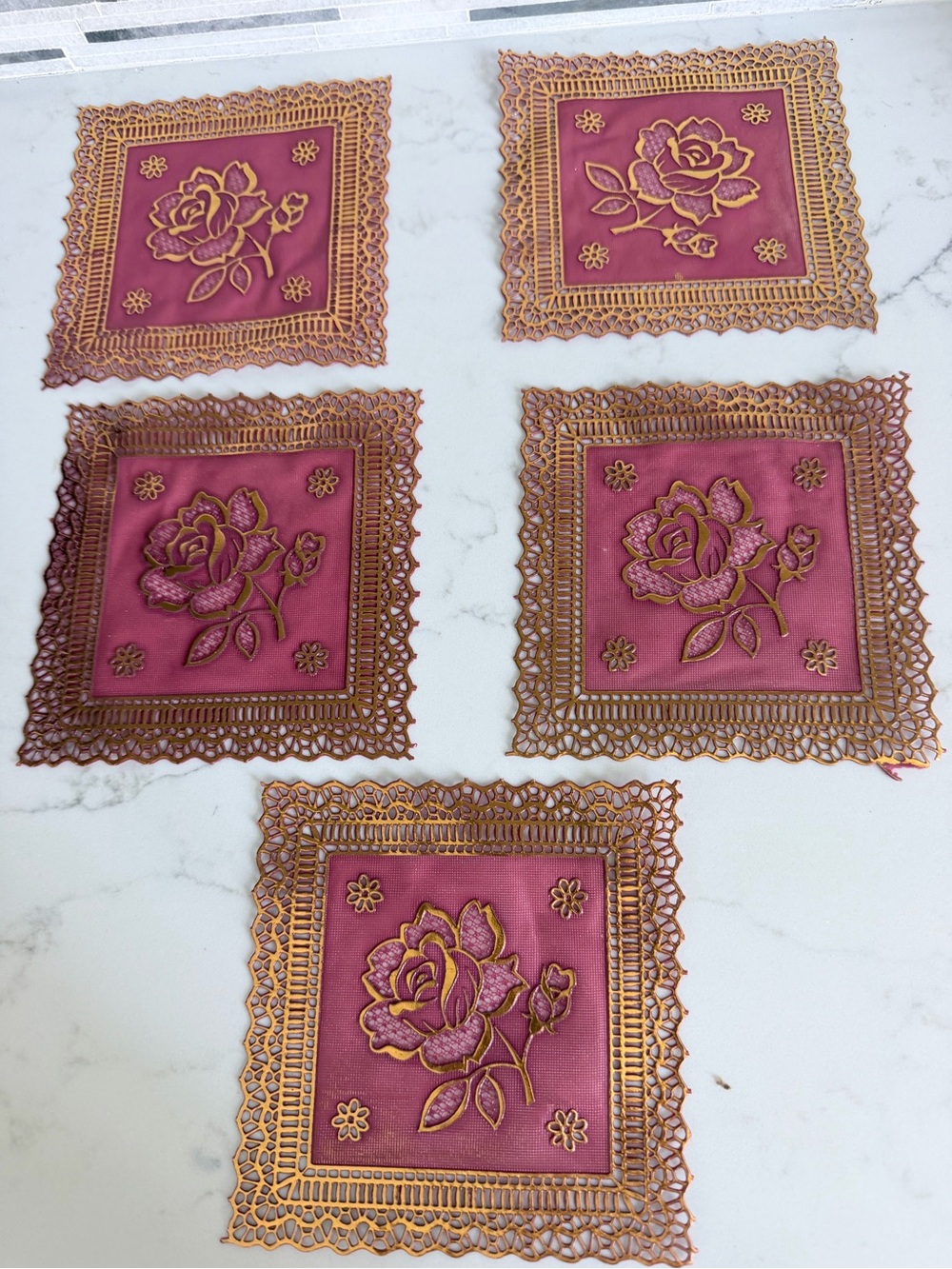 Vintage Embroidered Rose Lace Coasters - Pink & Gold (Set of 5)